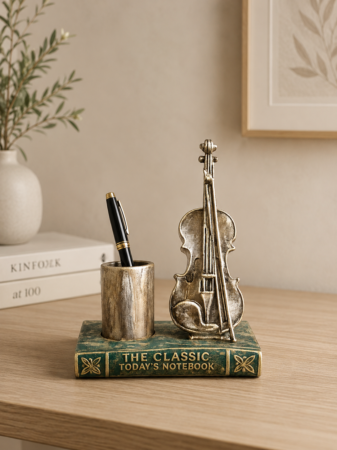 Vintage Violin Pen Holder Bookend Decor – Resin Desk Organizer