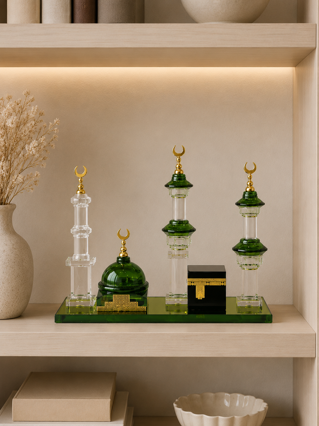 Luxury Masjid Al-Haram & Kaaba Islamic Decorative Showpiece – Green & Gold Miniature