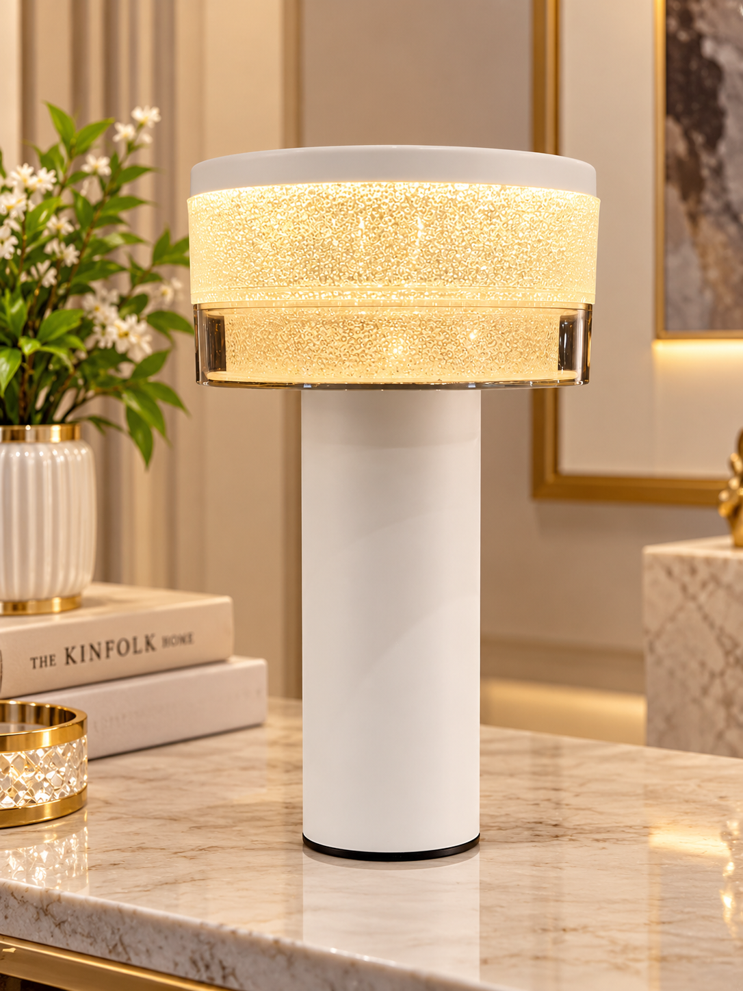 Modern White & Gold LED Table Lamp – Luxury Textured Light