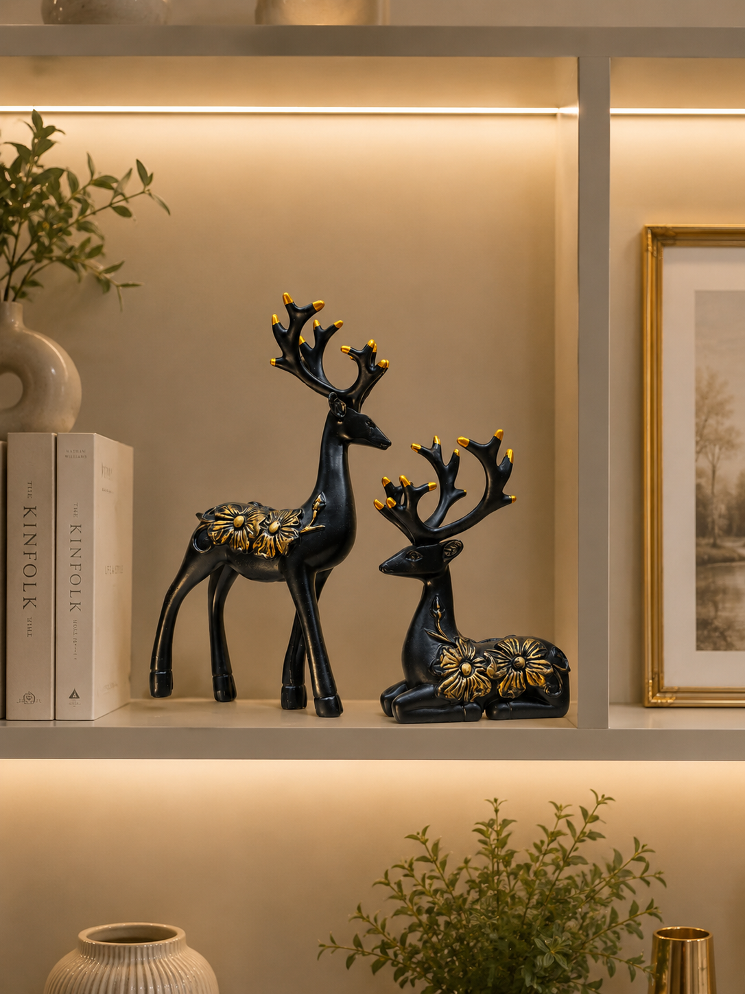 Luxury Deer Sculpture Set of 2 | Black & Gold Resin Deer Figurines | Modern Home Décor Showpieces