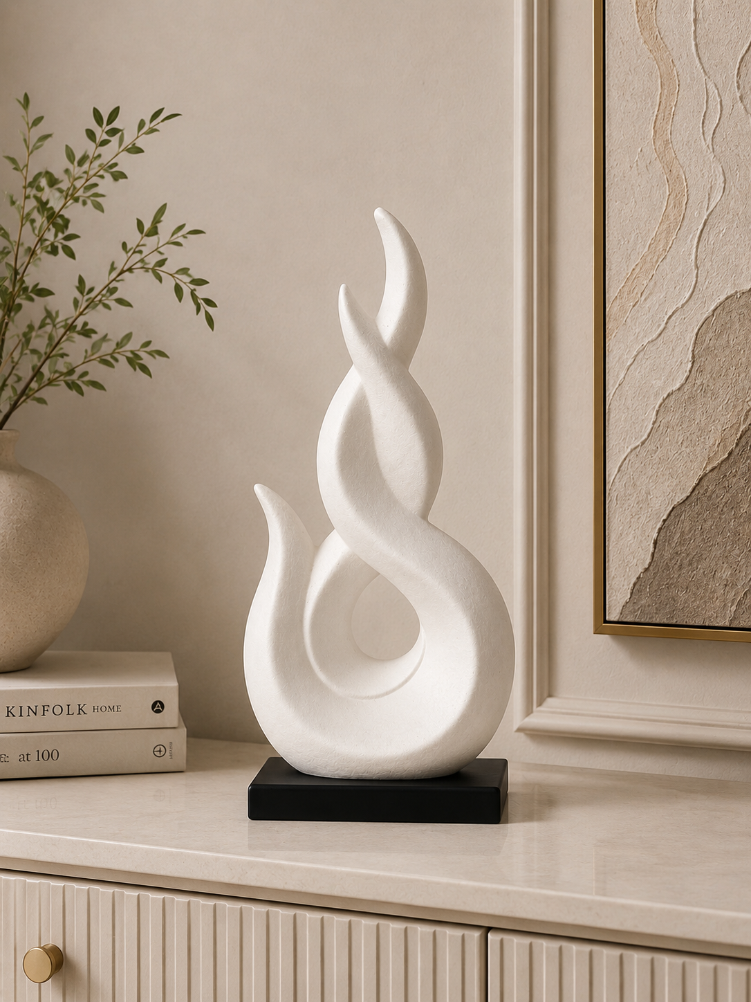 Modern Abstract Flame Sculpture with Black Base – Elegant Home Décor