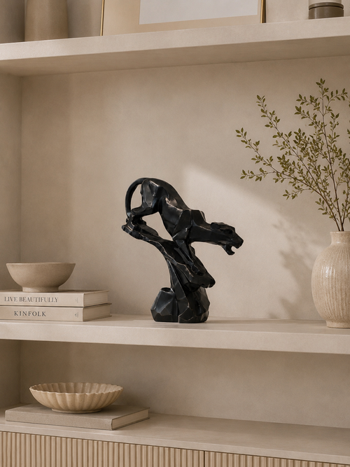 Abstract Black Panther Sculpture | Modern Geometric Resin Leopard Statue | Luxury Animal Showpiece for Home & Office Décor