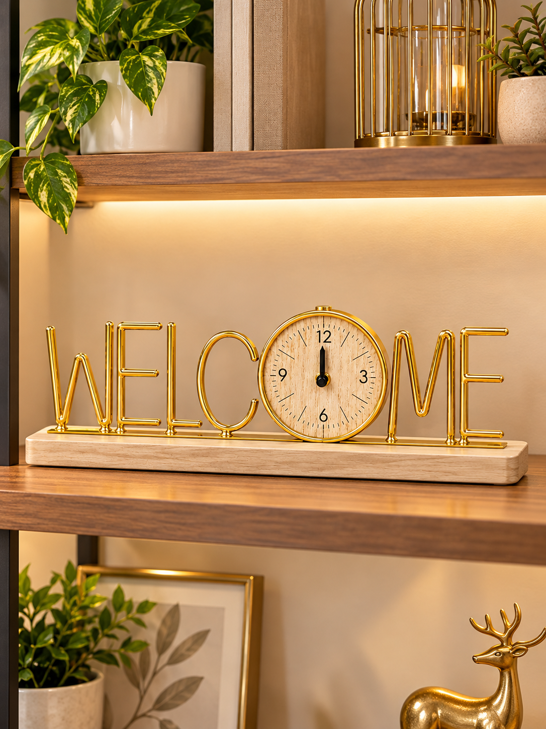 Gold Welcome Table Clock – Elegant Decorative Word Clock with Wooden Base for Home & Office