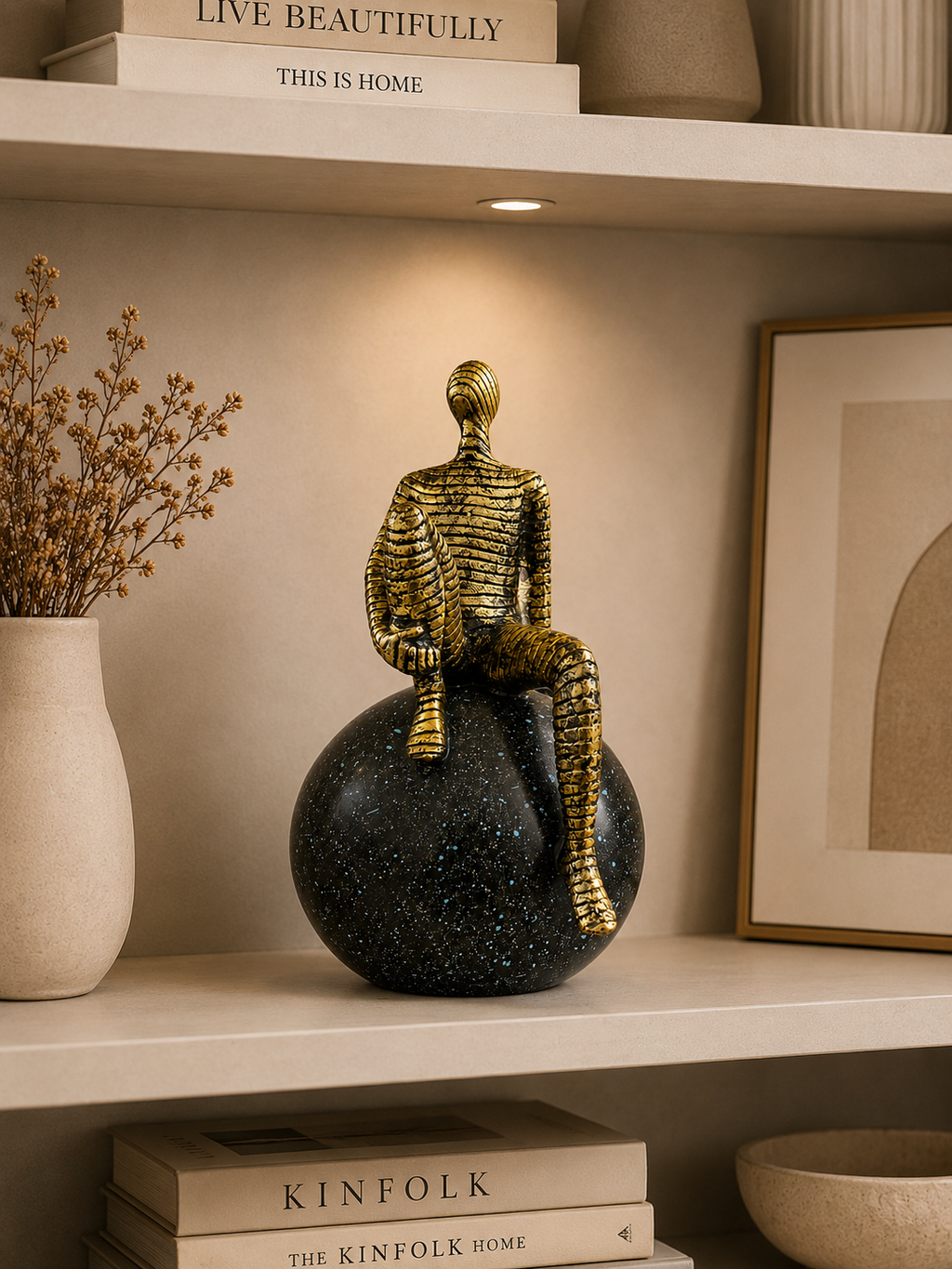 Abstract Thinker Sculpture on Sphere – Modern Resin Table Decor Statue