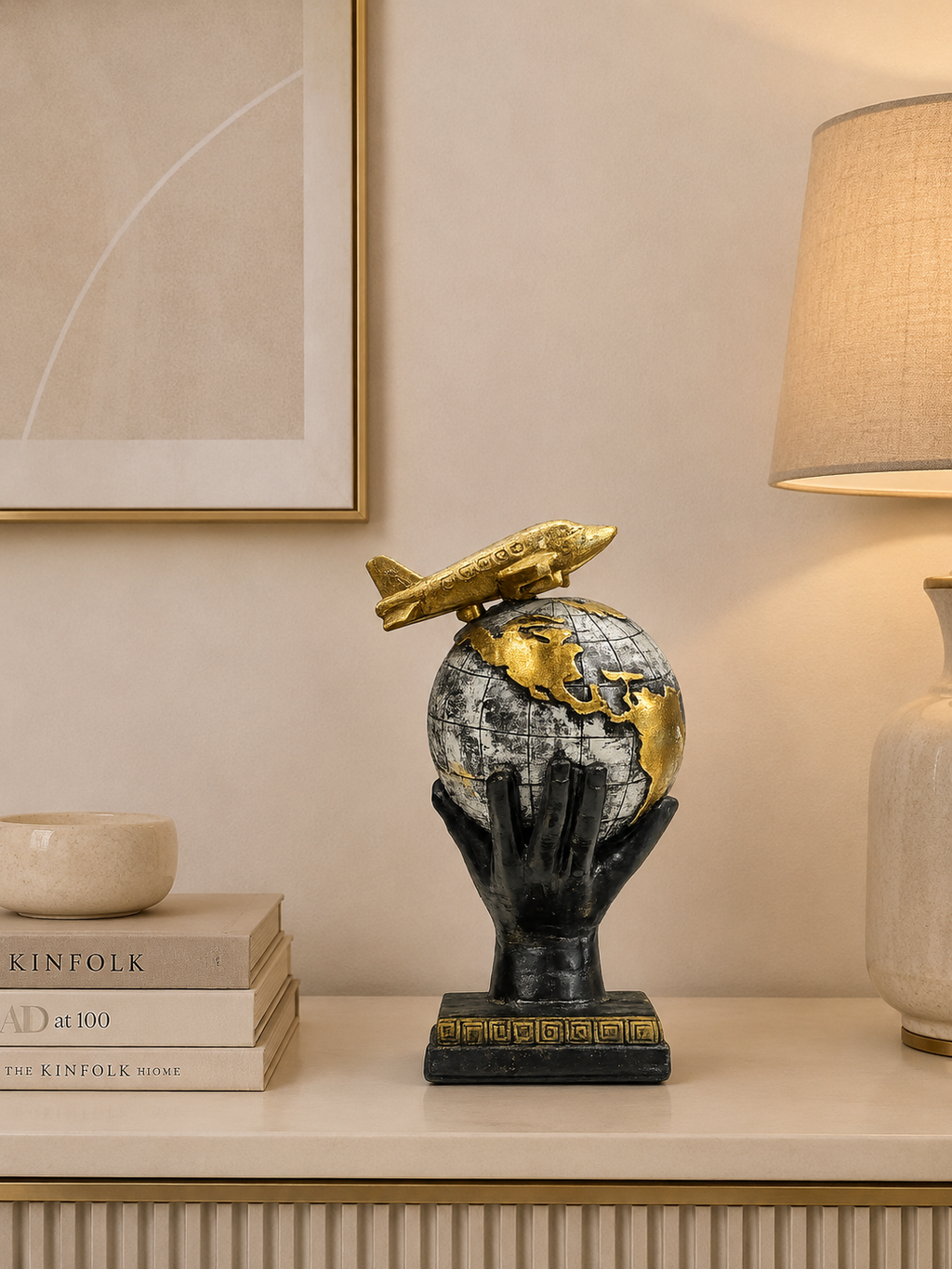 World Globe with Airplane Decorative Statue – Modern Travel-Themed Resin Tabletop Showpiece