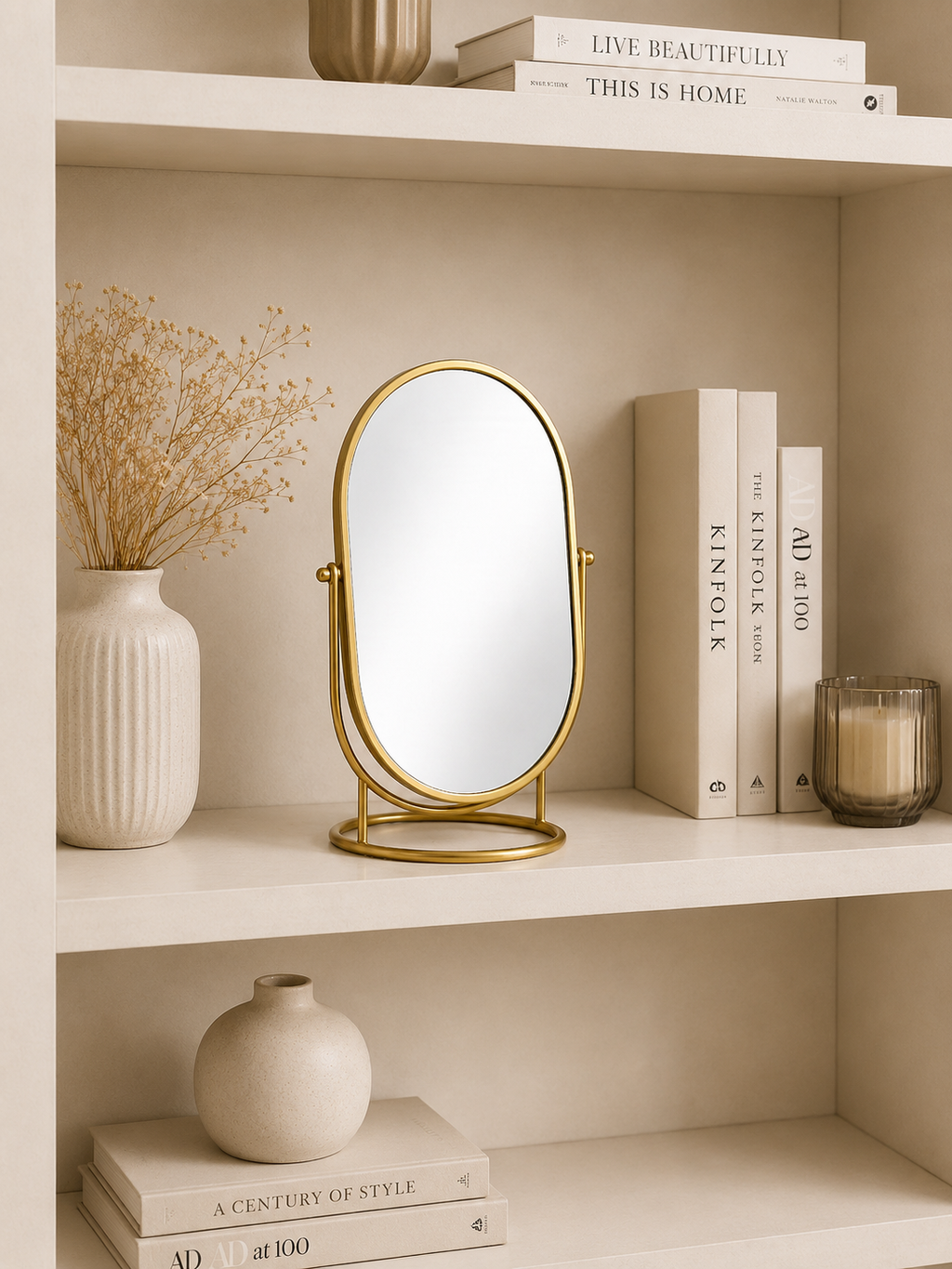 Luxury Gold Oval Tabletop Vanity Mirror – Double-Sided Rotating Makeup Mirror | Modern Metal Desk Mirror