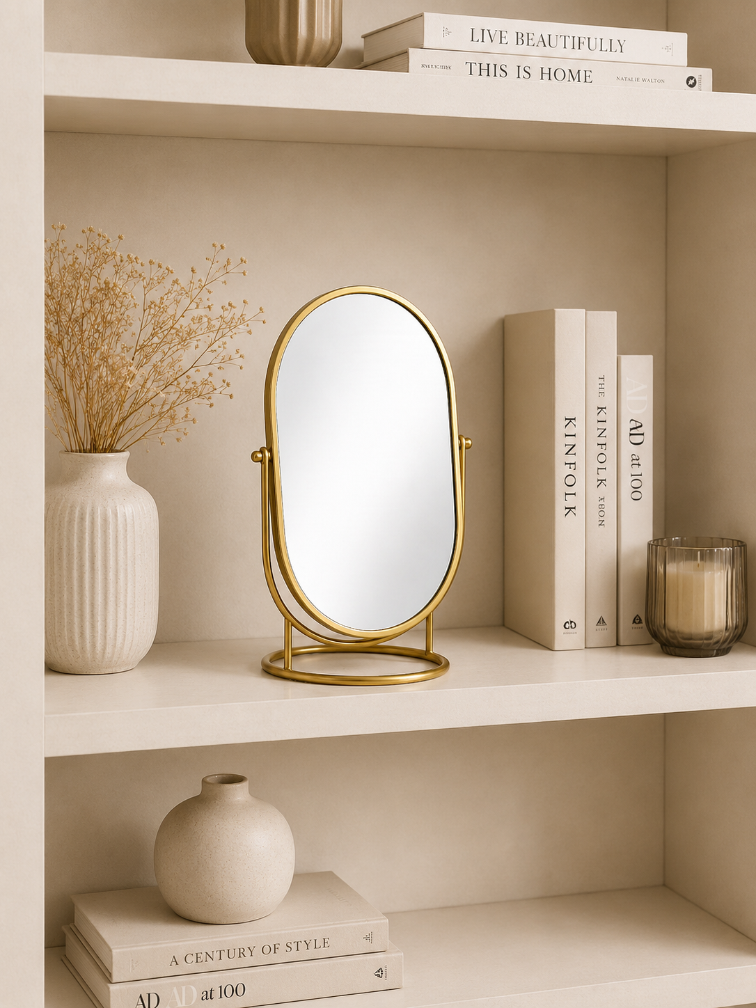 Luxury Gold Oval Tabletop Vanity Mirror – Double-Sided Rotating Makeup Mirror | Modern Metal Desk Mirror