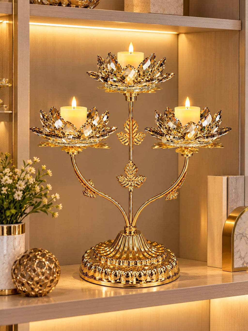 Luxury Golden Lotus Crystal 3-Cup Candle Holder – Elegant Decorative Centerpiece