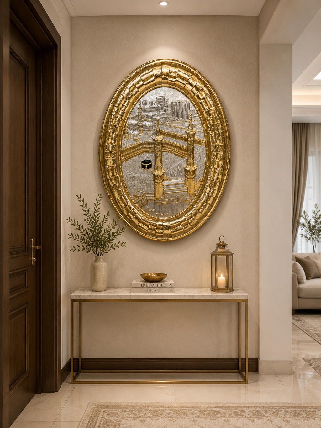Luxury Gold Kaaba Wall Art – Islamic Oval Decorative Wall Hanging