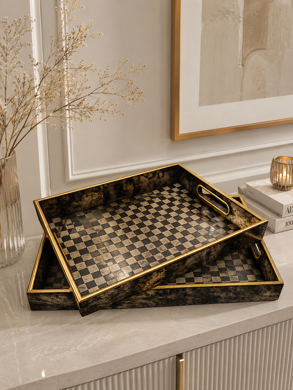 Luxury Black & Gold Checkered Decorative Serving Tray Set (2 Pieces)