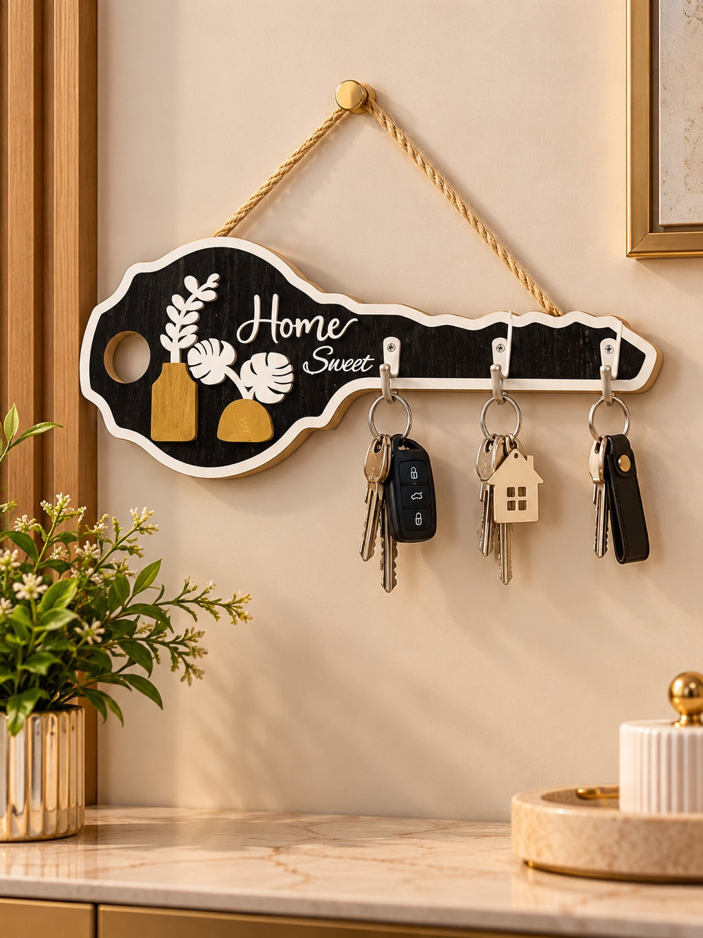 Home Sweet Wooden Key Holder – Wall-Mounted Key Organizer with 3 Hooks