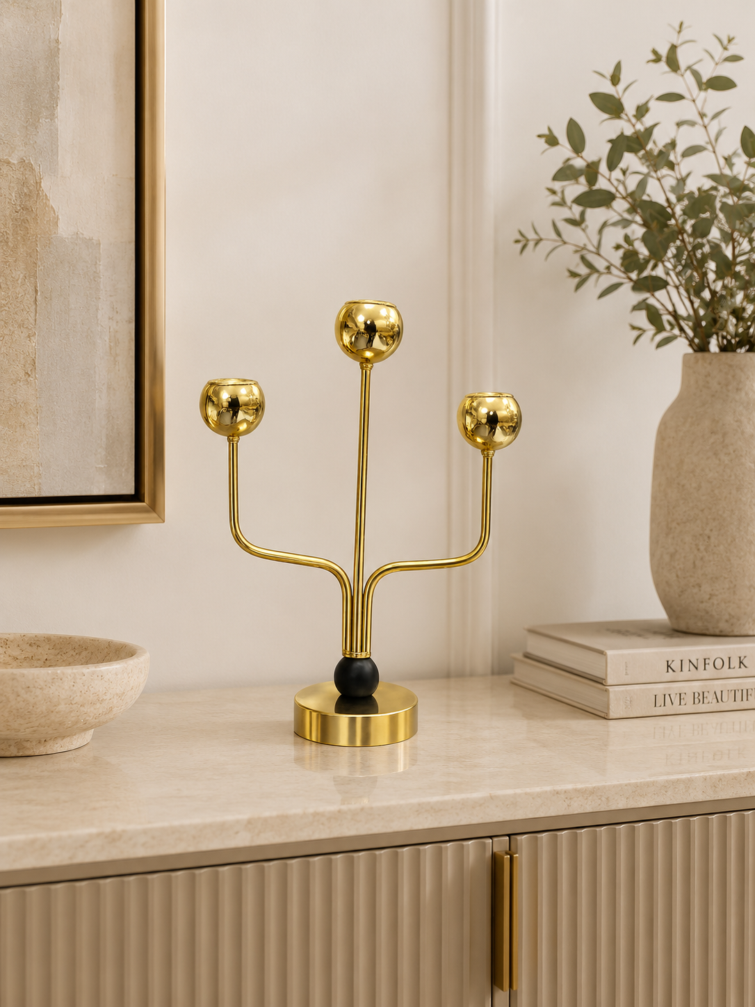 Luxury Gold 3-Arm Metal Candle Holder – Modern Decorative Table Centerpiece