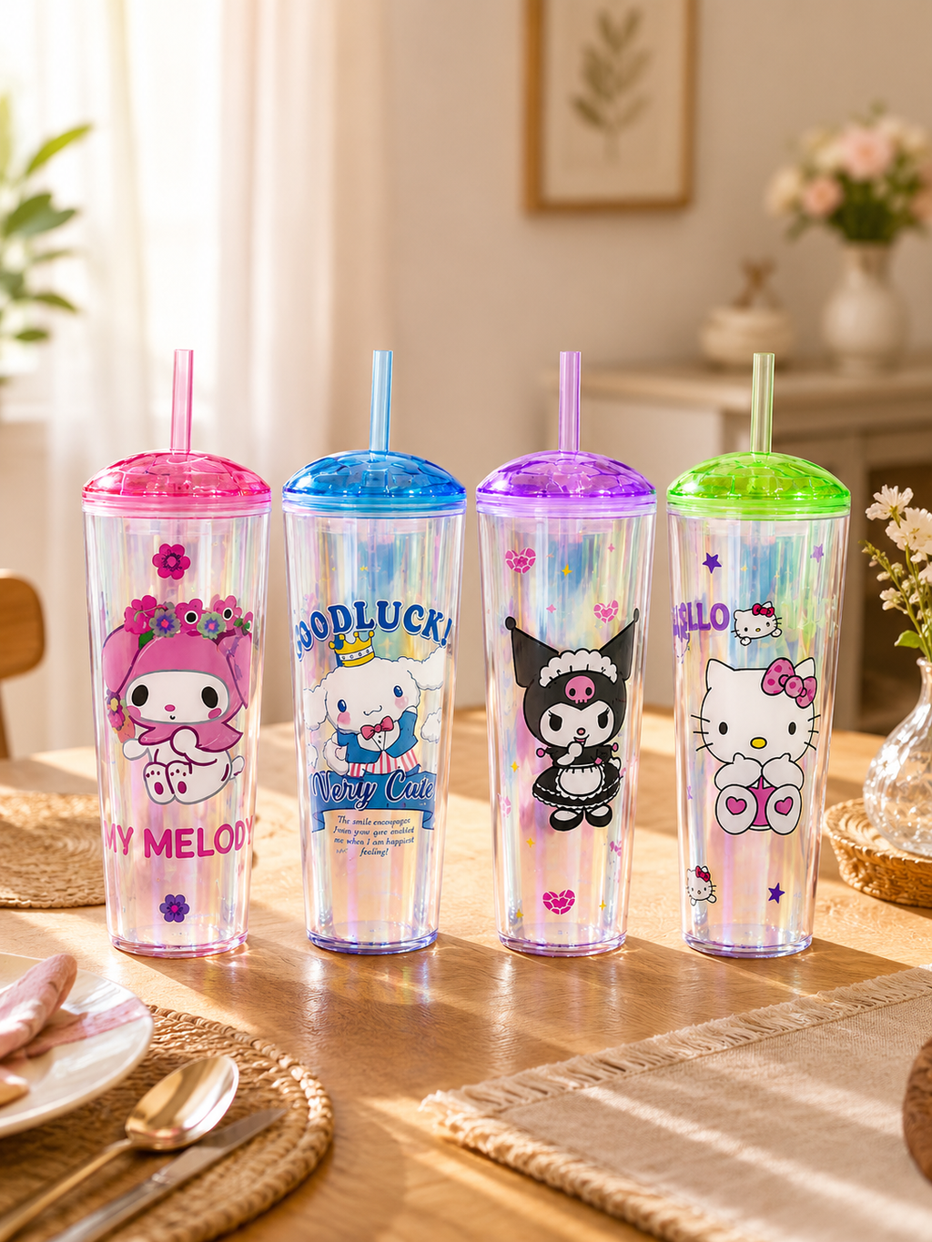 Cute Sanrio Character Holographic Sipper Tumbler – Double-Walled Travel Cup with Straw
