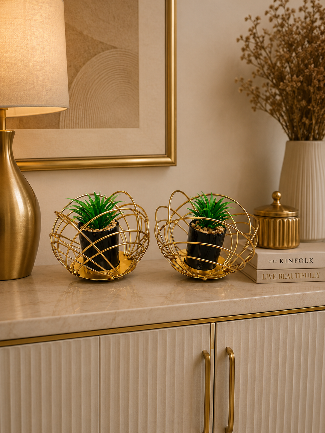 Luxury Gold Geometric Metal Planter Set with Artificial Plant – Modern Decorative Tabletop Flower Pot (Set of 2)