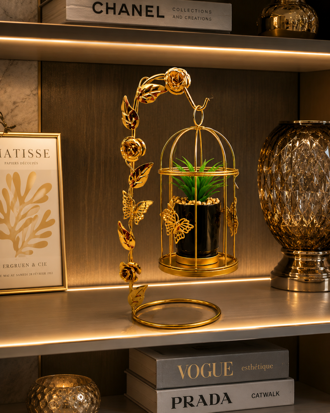 Luxury Golden Decorative Hanging Planter Stand with Bird Cage Pot Holder