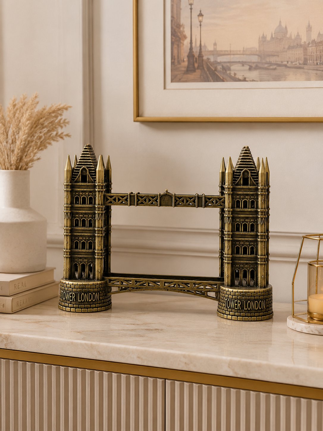 Tower Bridge London Decorative Showpiece | Antique Gold Metal Landmark Sculpture