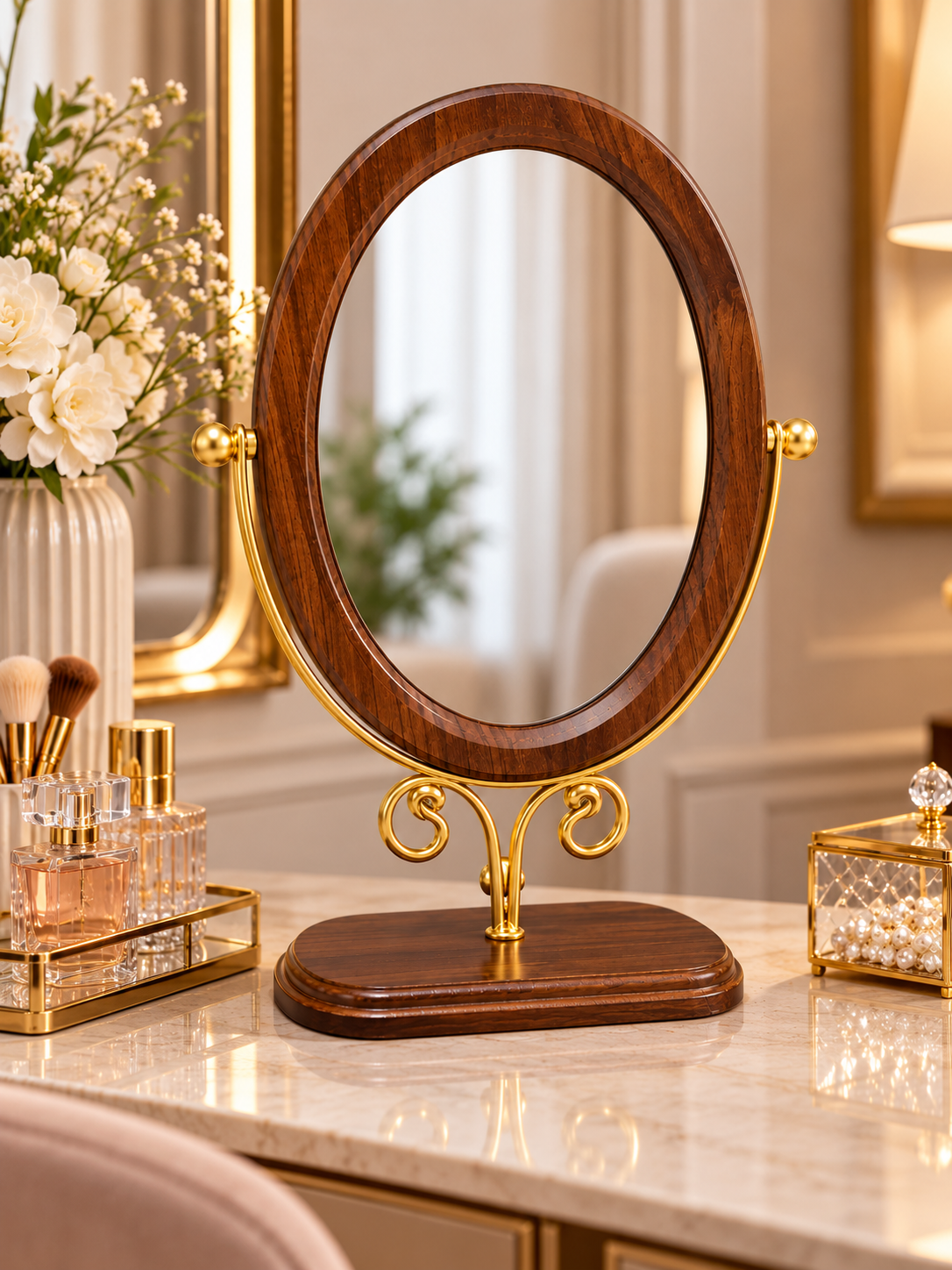 Luxury Oval Wooden Table Mirror with Ornate Gold Stand – Elegant Dressing Vanity Mirror