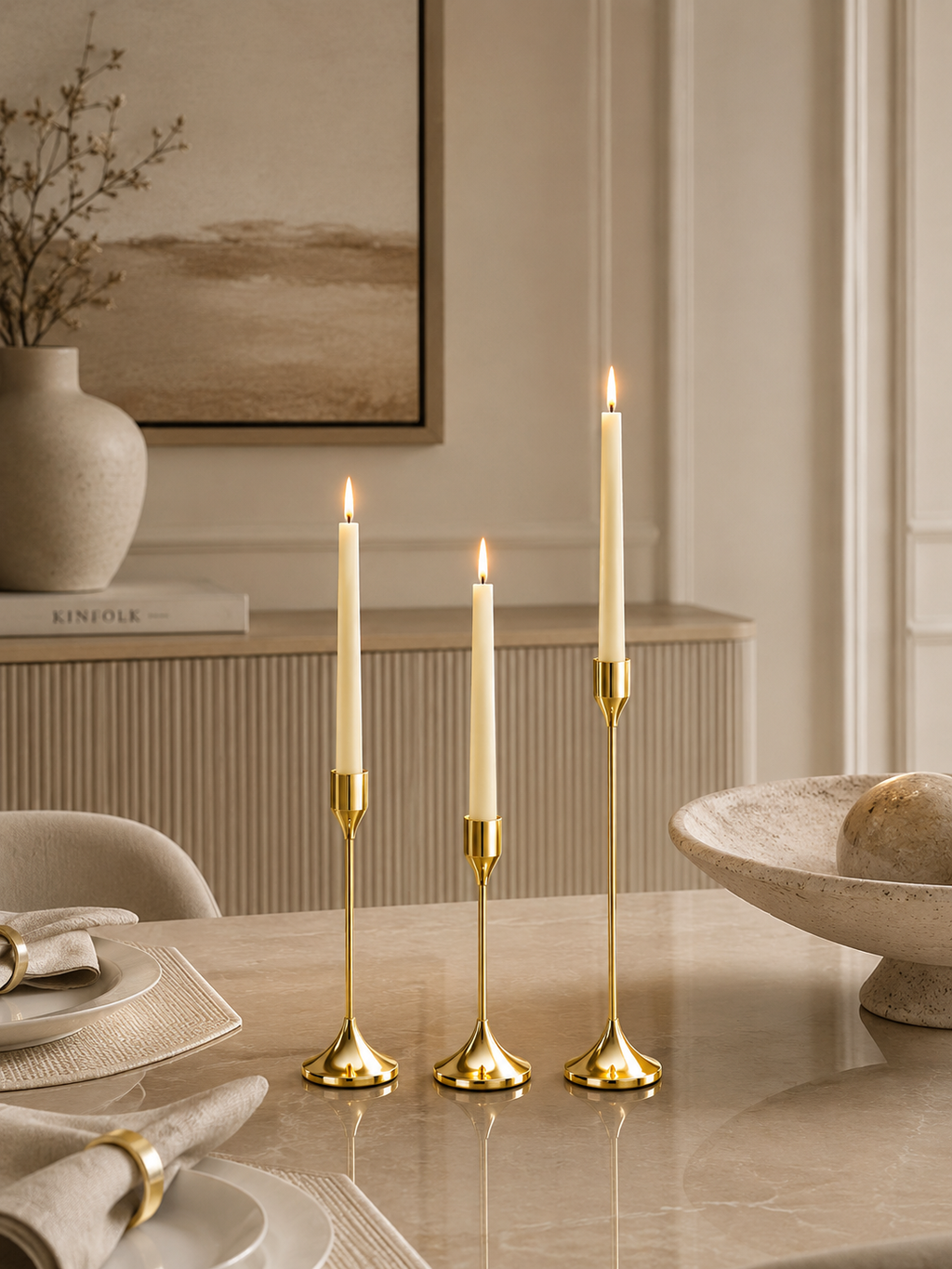 Luxury Gold Metal Candle Holder Set (Set of 3) – Modern Decorative Taper Candle Stands