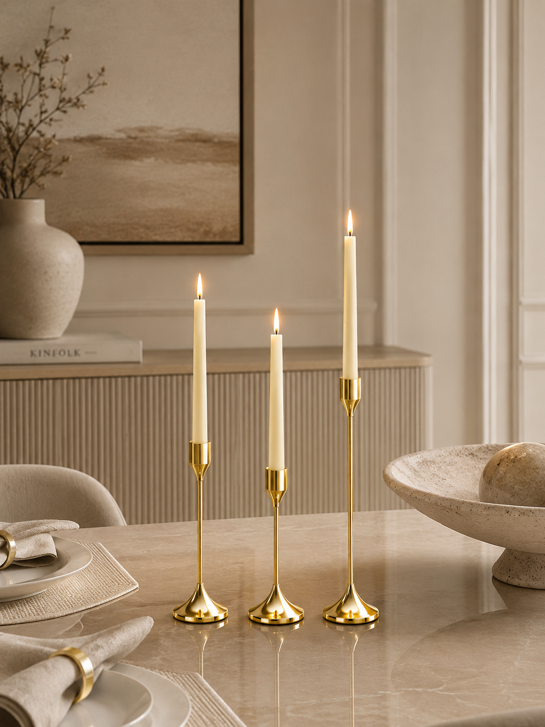Luxury Gold Metal Candle Holder Set (Set of 3) – Modern Decorative Taper Candle Stands