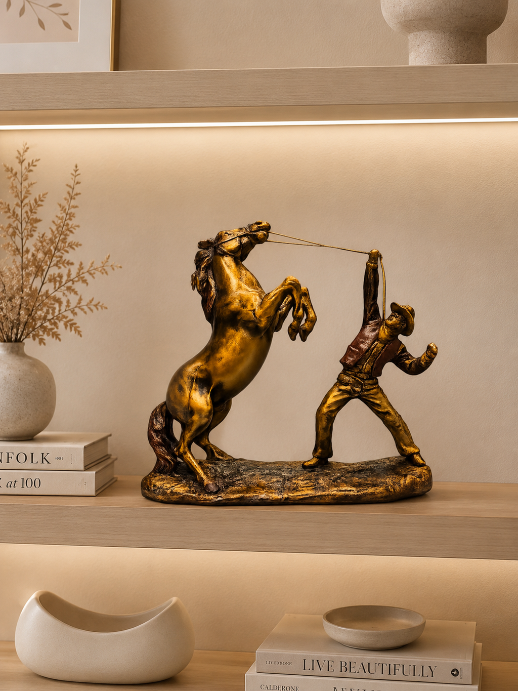Golden Cowboy & Rearing Horse Resin Sculpture – Western Style Decorative Showpiece for Home & Office