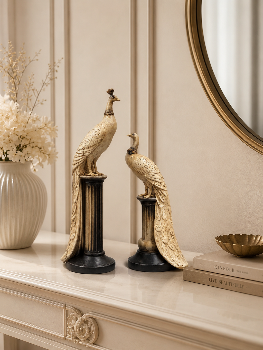 Luxury Peacock Statue Set – Modern Resin Bird Sculptures on Pedestal (Set of 2)