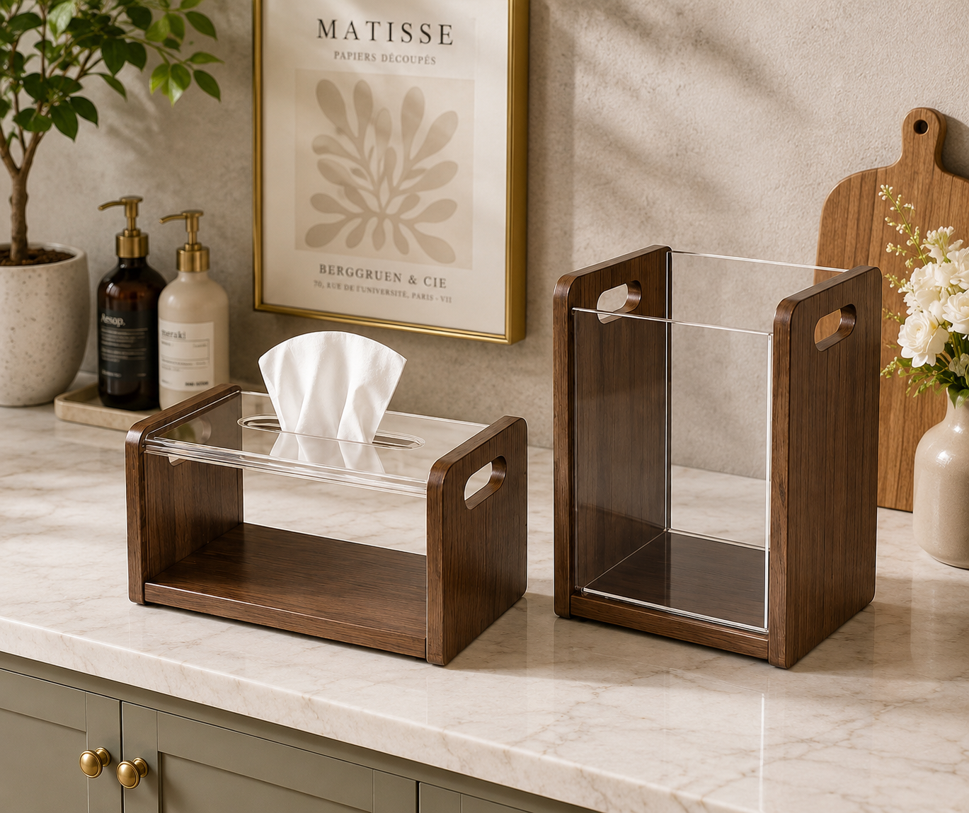 Luxury Wooden Acrylic Tissue Box & Dustbin Set | Modern Home & Office Organizer