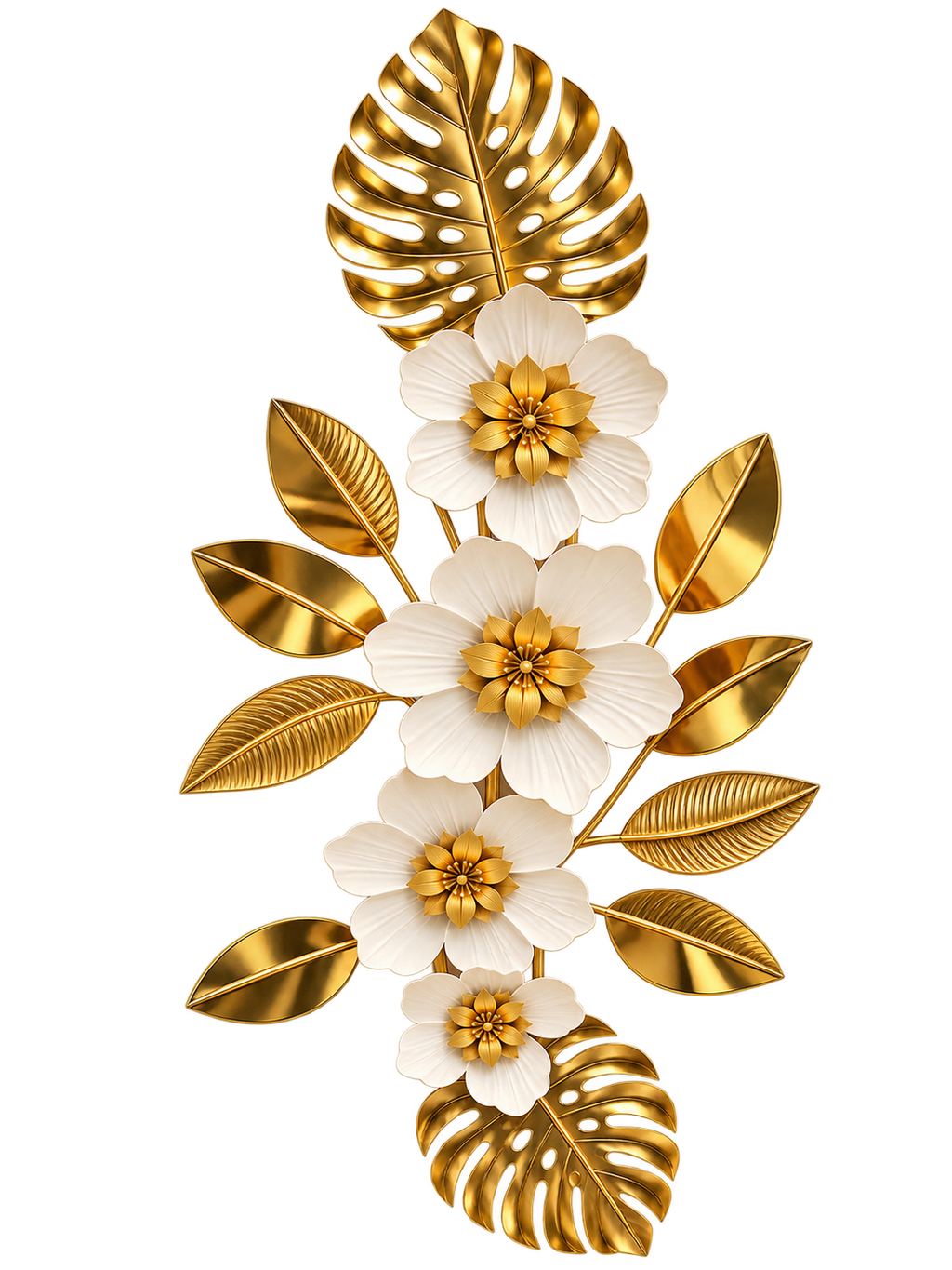 Luxury White & Gold Floral Leaf Wall Art – Elegant 3D Botanical Metal Décor