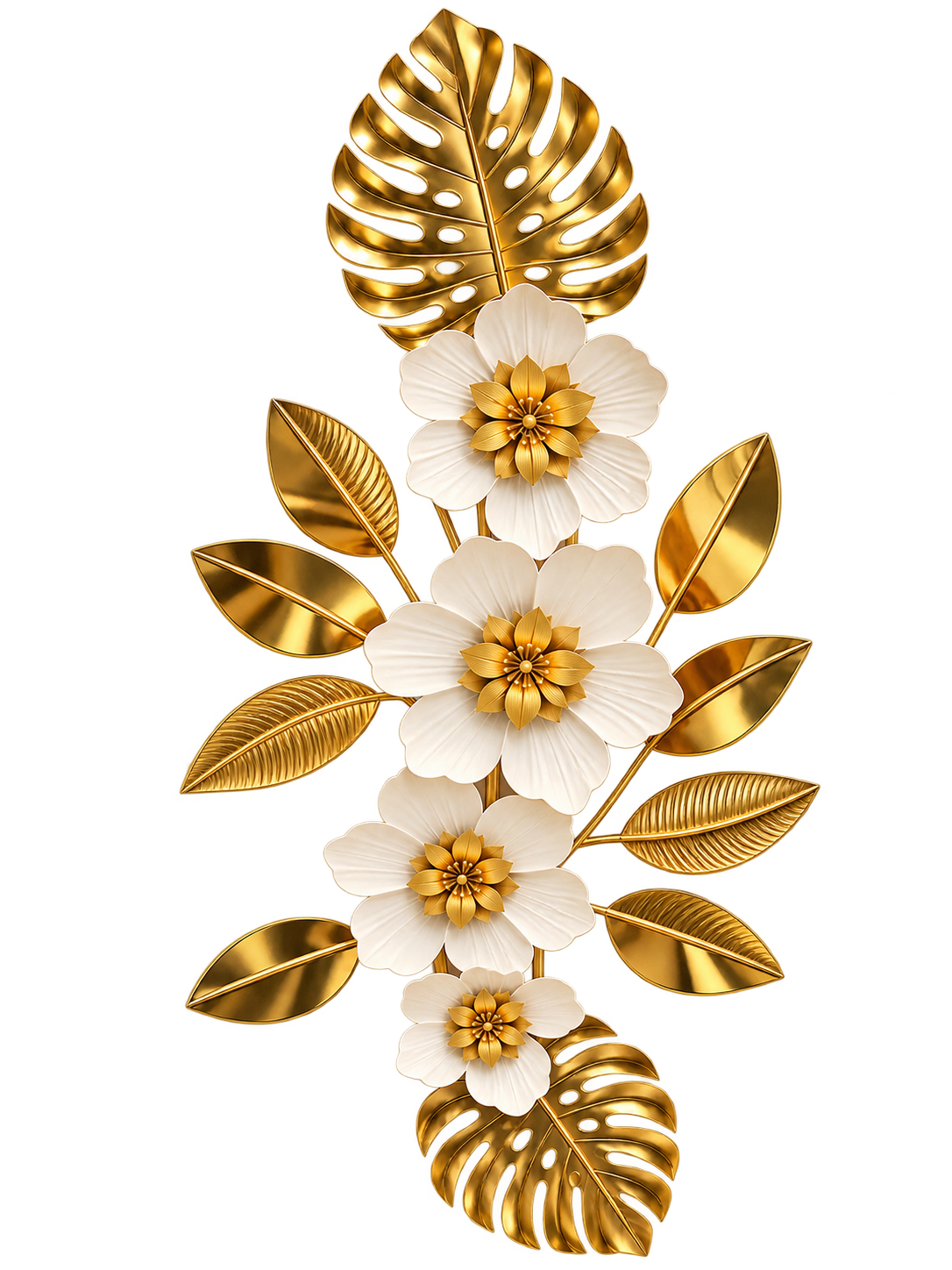 Luxury White & Gold Floral Leaf Wall Art – Elegant 3D Botanical Metal Décor