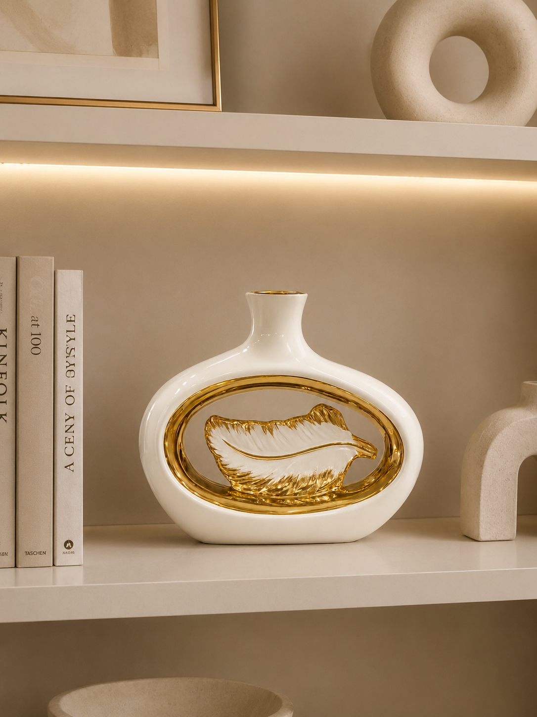 Luxury White & Gold Leaf Ceramic Decorative Vase – Modern Oval Centerpiece Vase