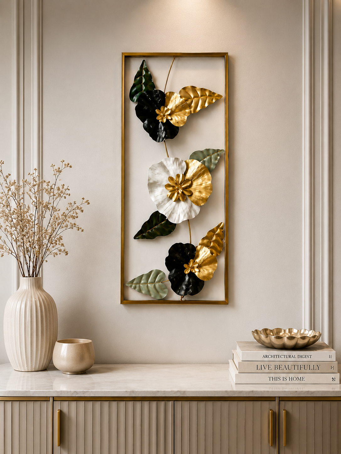 Luxury Black, Gold & White Floral Metal Wall Art – Modern Decorative Wall Panel