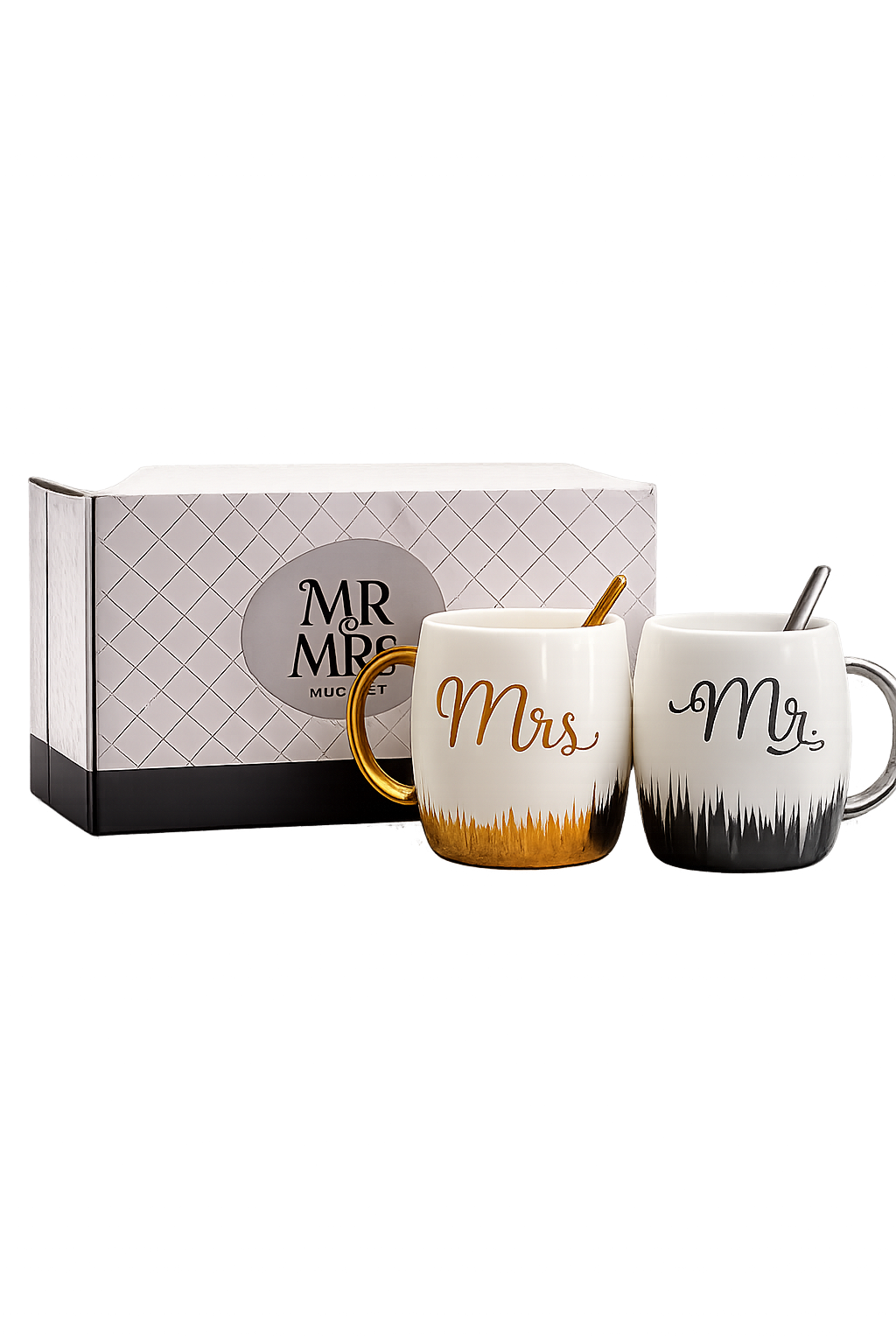 Luxury Mr. & Mrs. Ceramic Couple Mug Gift Set – Gold & Silver Accent Coffee Cups with Box