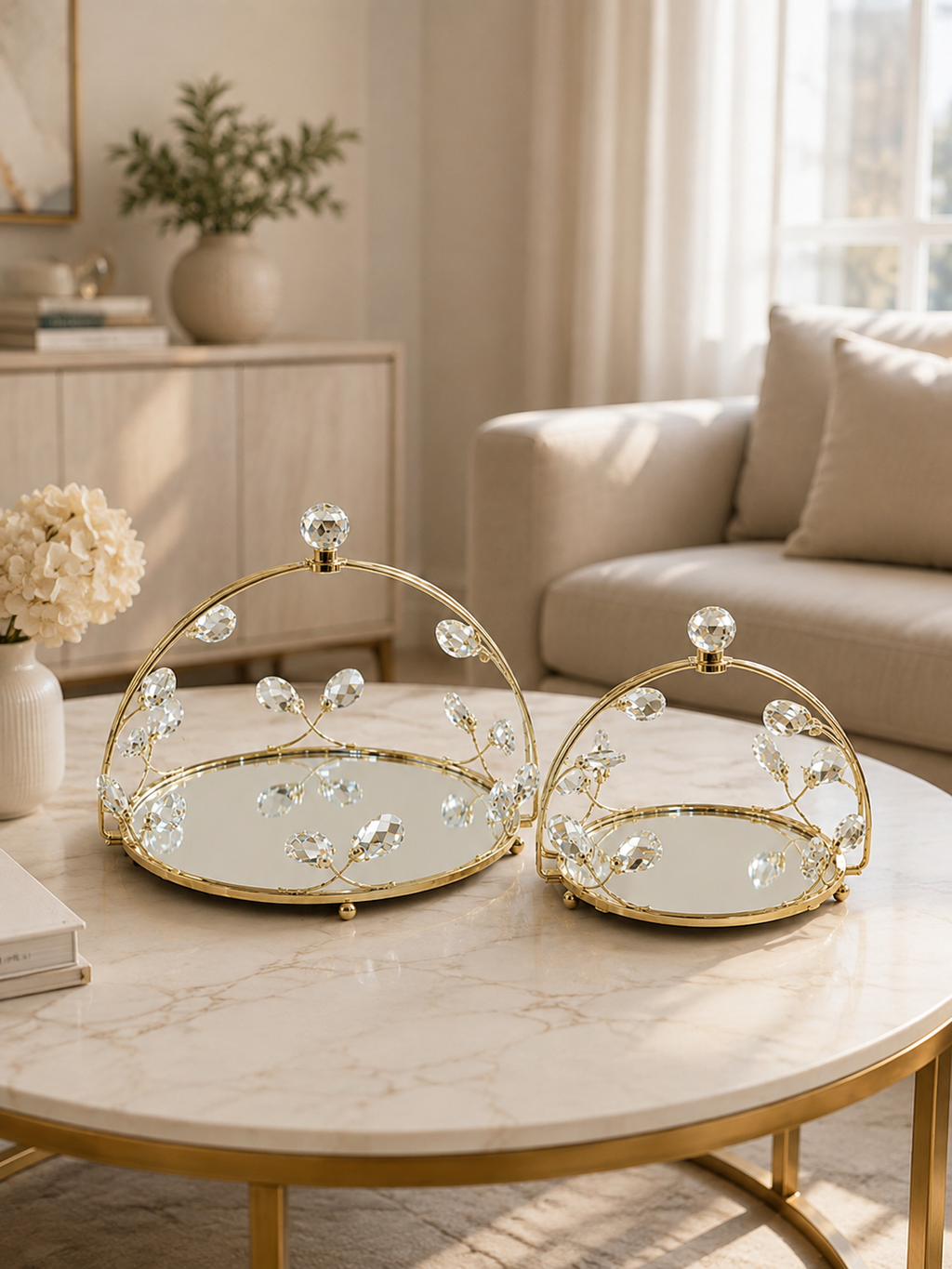 Luxury Gold Crystal Decorative Serving Tray – Elegant Mirrored Vanity & Décor Tray