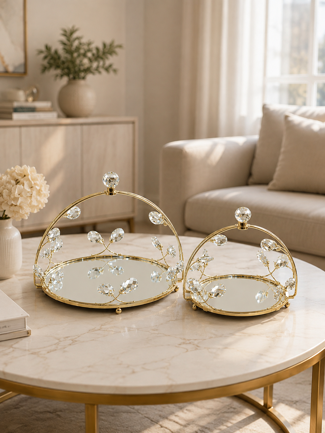 Luxury Gold Crystal Decorative Serving Tray – Elegant Mirrored Vanity & Décor Tray