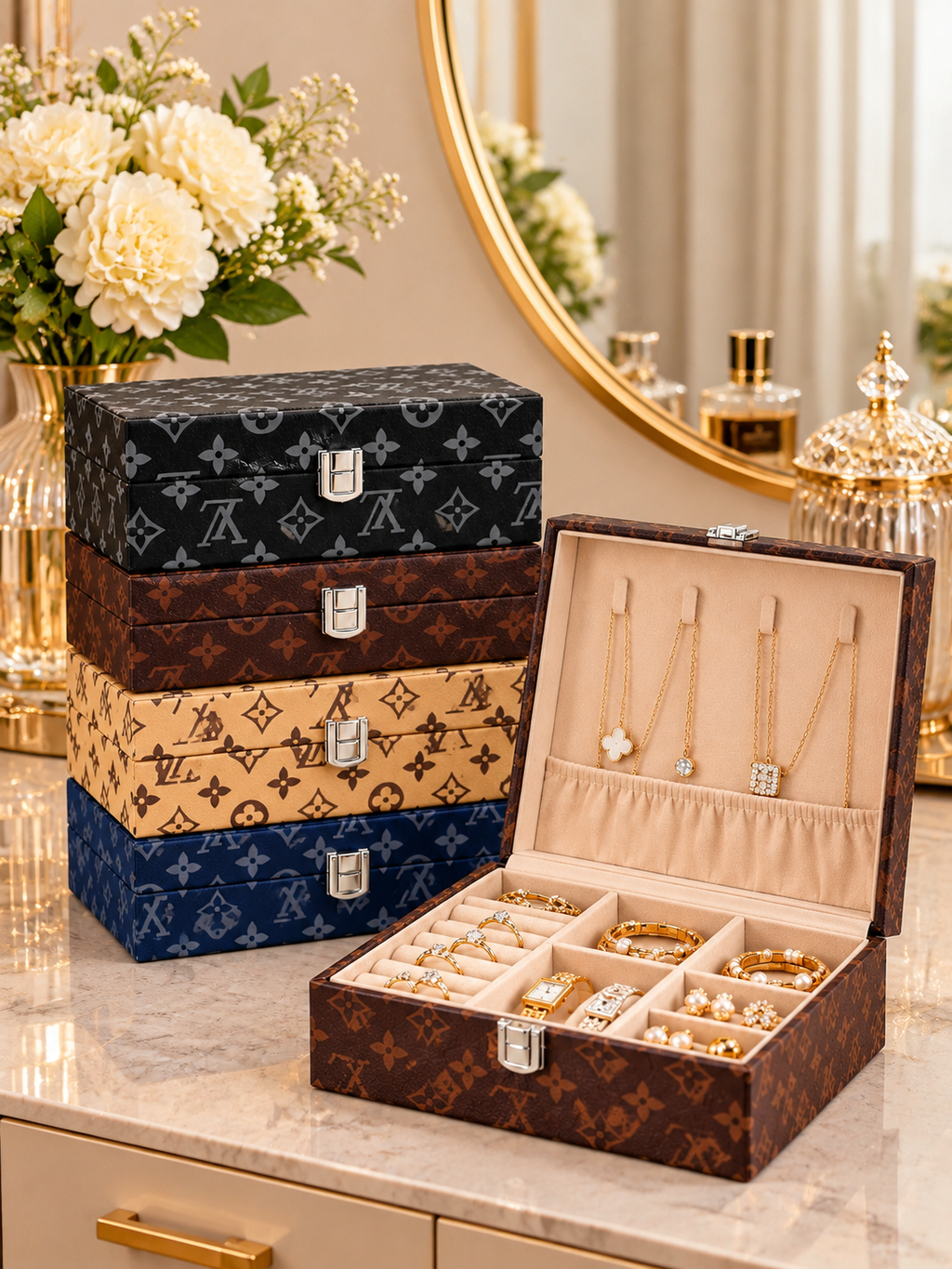 Luxury Printed Jewelry Organizer Box – Multi-Compartment Jewelry Storage Case with Necklace Holder