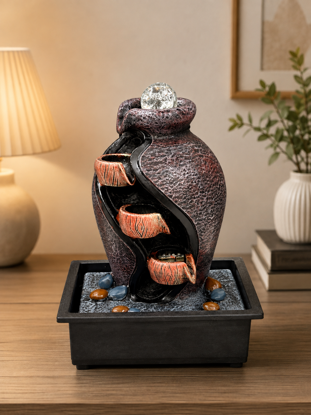 Luxury 3-Tier Pot Waterfall Tabletop Fountain with Crystal Ball