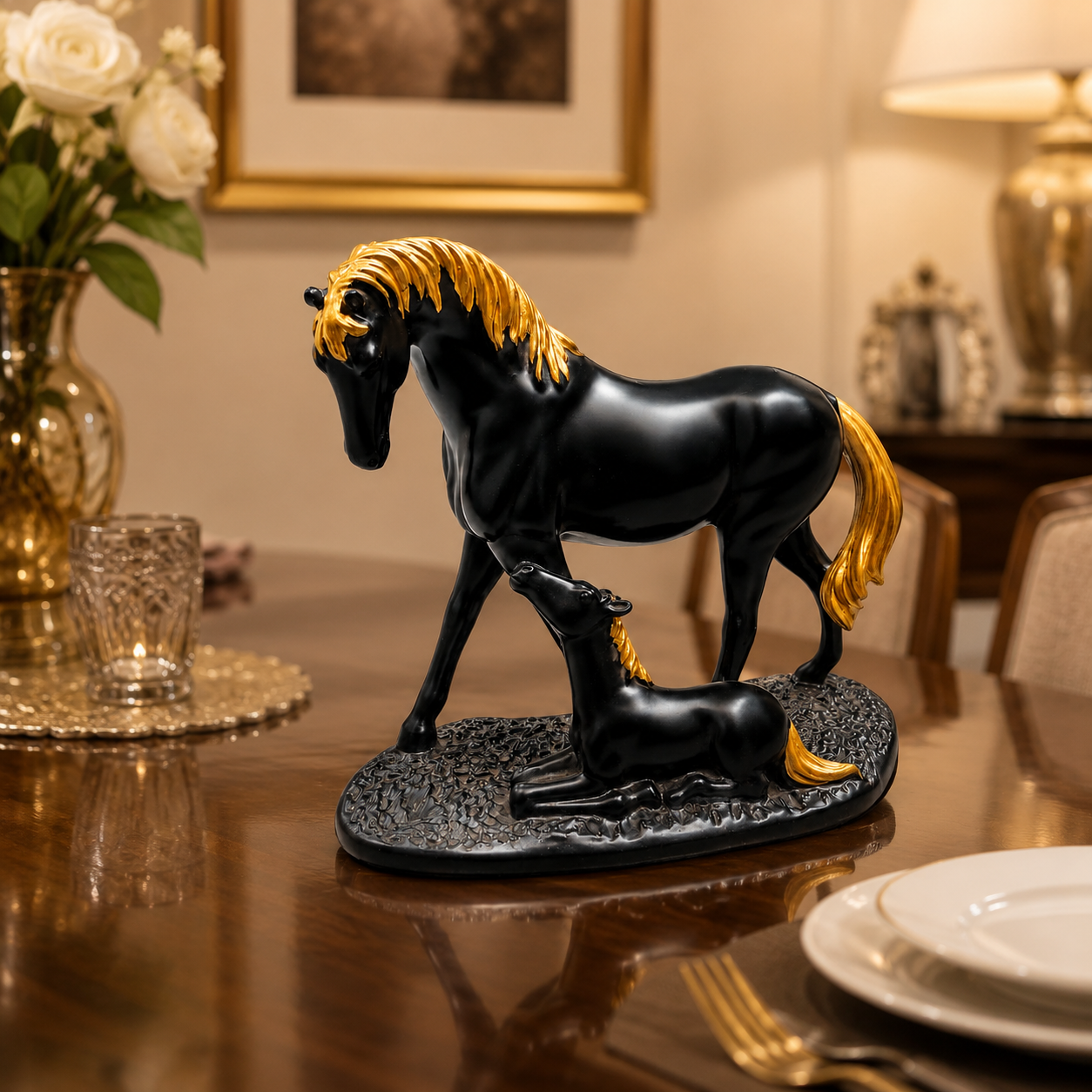 Fiber Horse Luxury Matte Black & Gold Mare With Foal Statue – Premium Resin Mother & Baby Horse Sculpture For Home & Office Decor