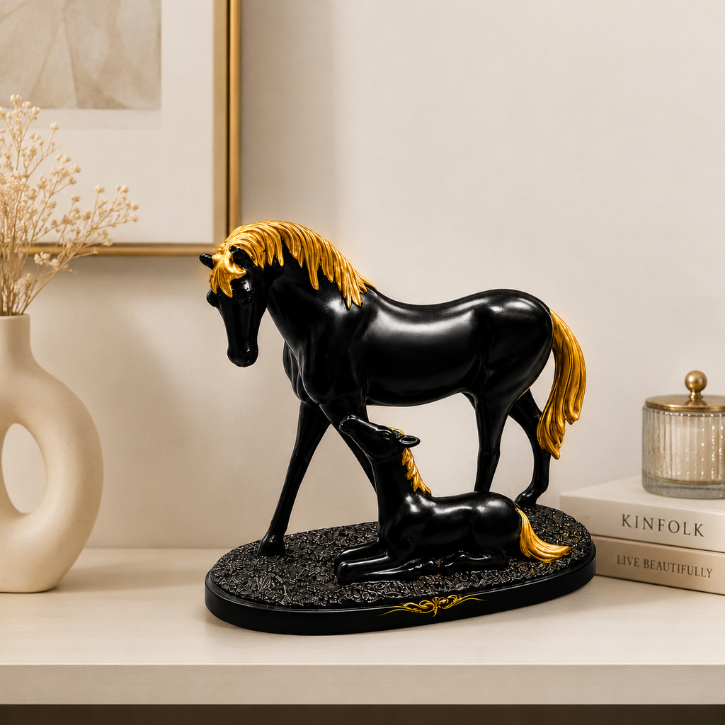 Fiber Horse Majestic Bond Mare & Foal Statue – Premium Black & Gold Resin Collectible Sculpture For Luxury Home & Executive Office Decor