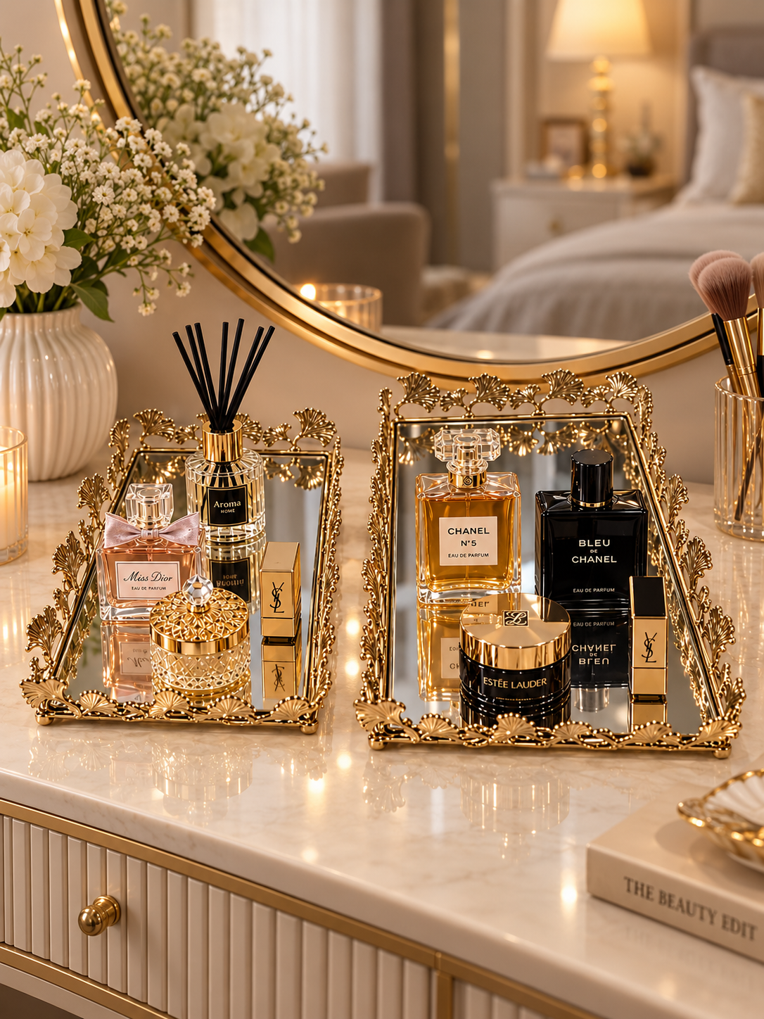 Luxury Gold Leaf Border Mirrored Decorative Tray Set of 2