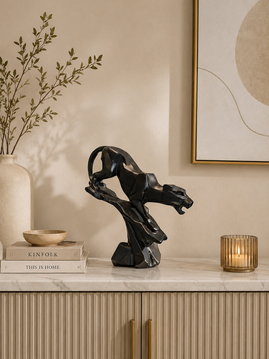 Abstract Black Panther Sculpture | Modern Geometric Resin Leopard Statue | Luxury Animal Showpiece for Home & Office Décor