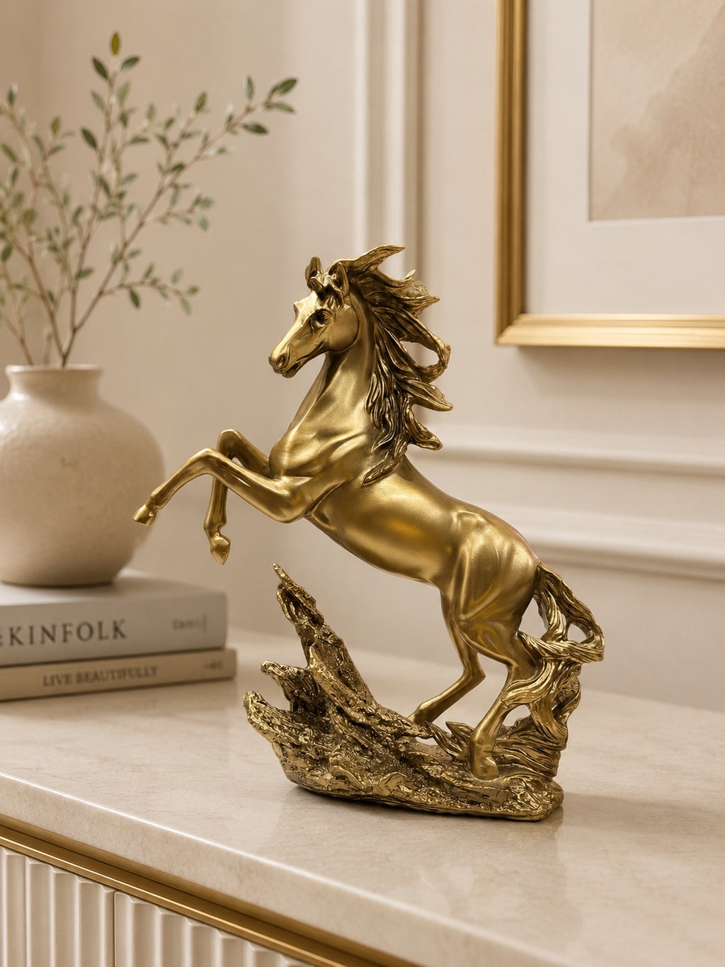 Golden Rearing Horse Resin Sculpture | Luxury Horse Statue | Premium Home & Office Décor Showpiece