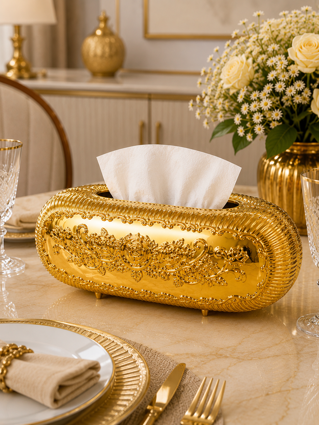 Luxury Oval Metal Tissue Box Holder | European Floral Decorative Tissue Case.