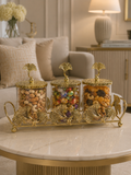 Luxury 3-Piece Glass Dry Fruit & Candy Jar Set with Gold Leaf Metal Stand | Decorative Snack Storage Canisters with Lids