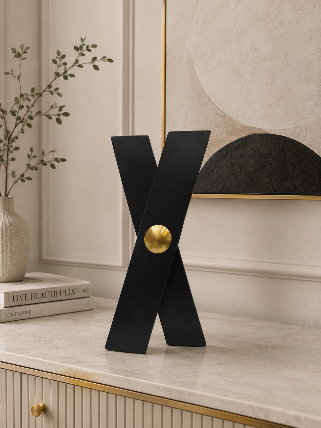Modern X-Shaped Decorative Sculpture | Black & Gold Metal Table Accent | Luxury Contemporary Home Décor