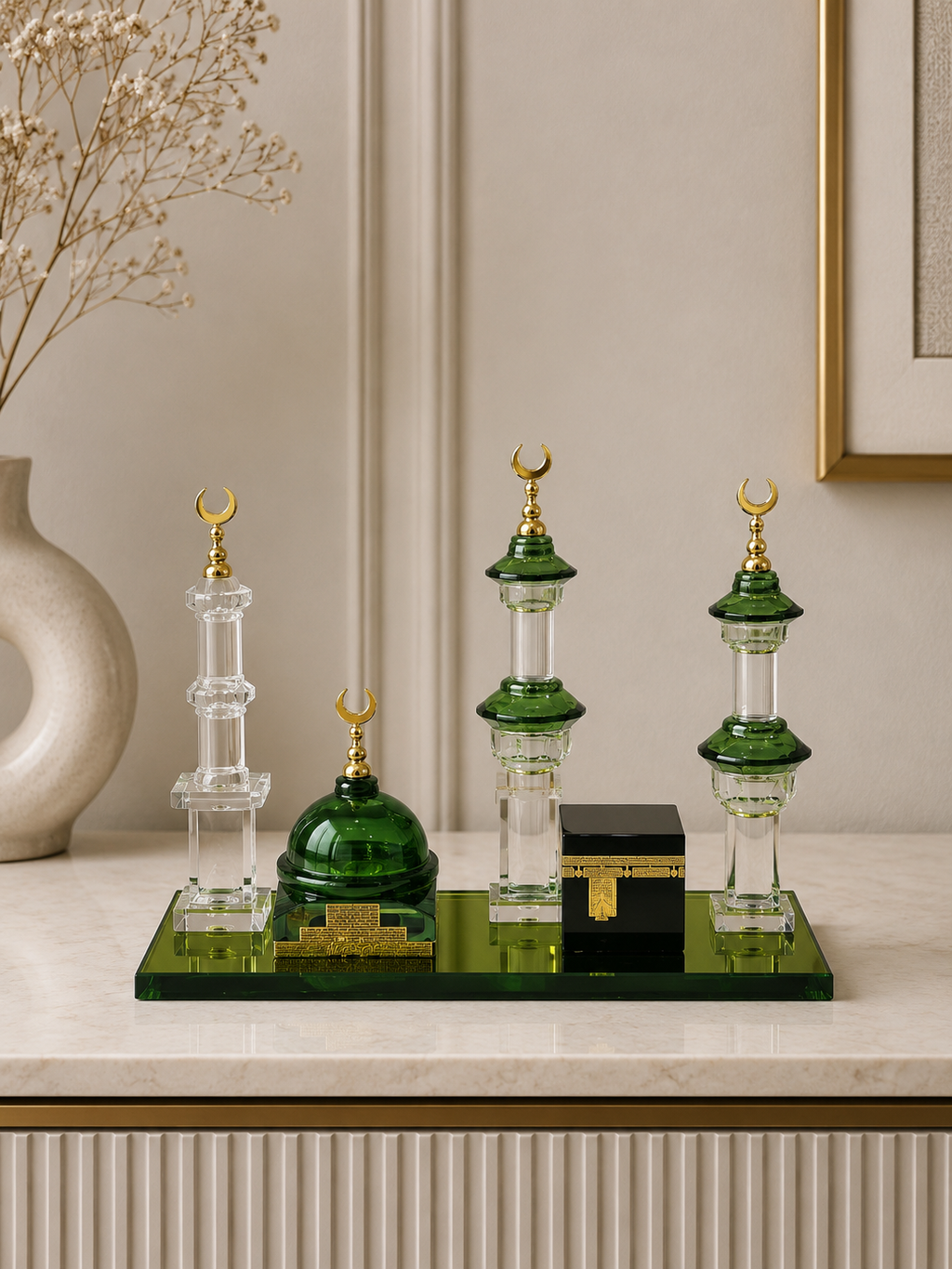 Luxury Masjid Al-Haram & Kaaba Islamic Decorative Showpiece – Green & Gold Miniature