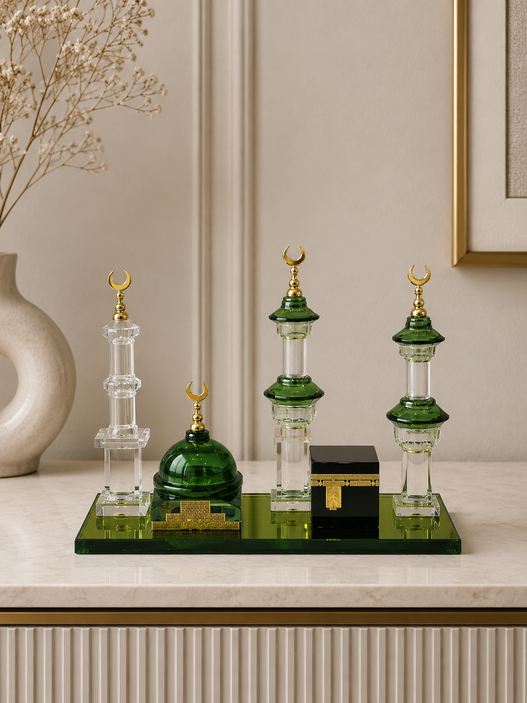Luxury Masjid Al-Haram & Kaaba Islamic Decorative Showpiece – Green & Gold Miniature