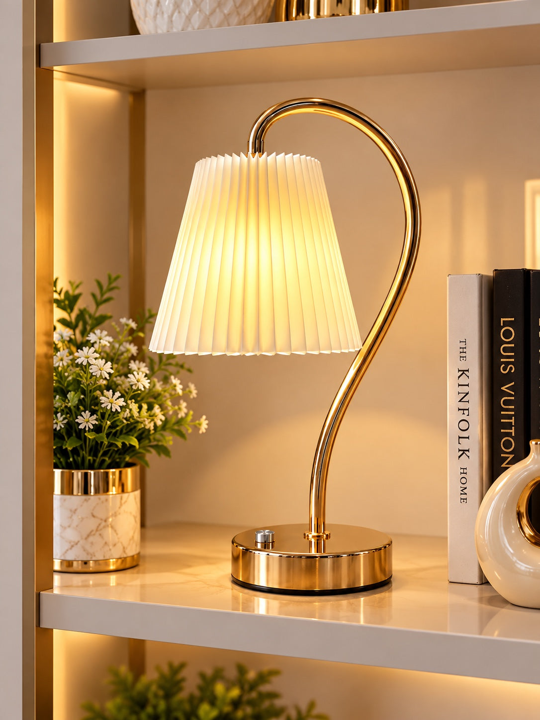 Luxury Gold Arc Table Lamp with White Pleated Shade