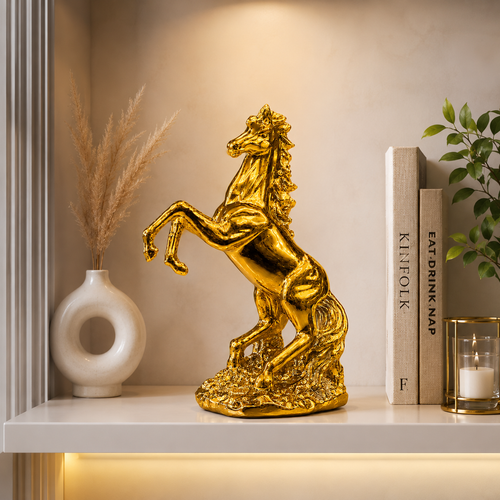 Fiber Horse "Eldorado Majesty" All-Gold Rearing Horse Sculpture – Premium High-Radiance Resin Luxury Statue