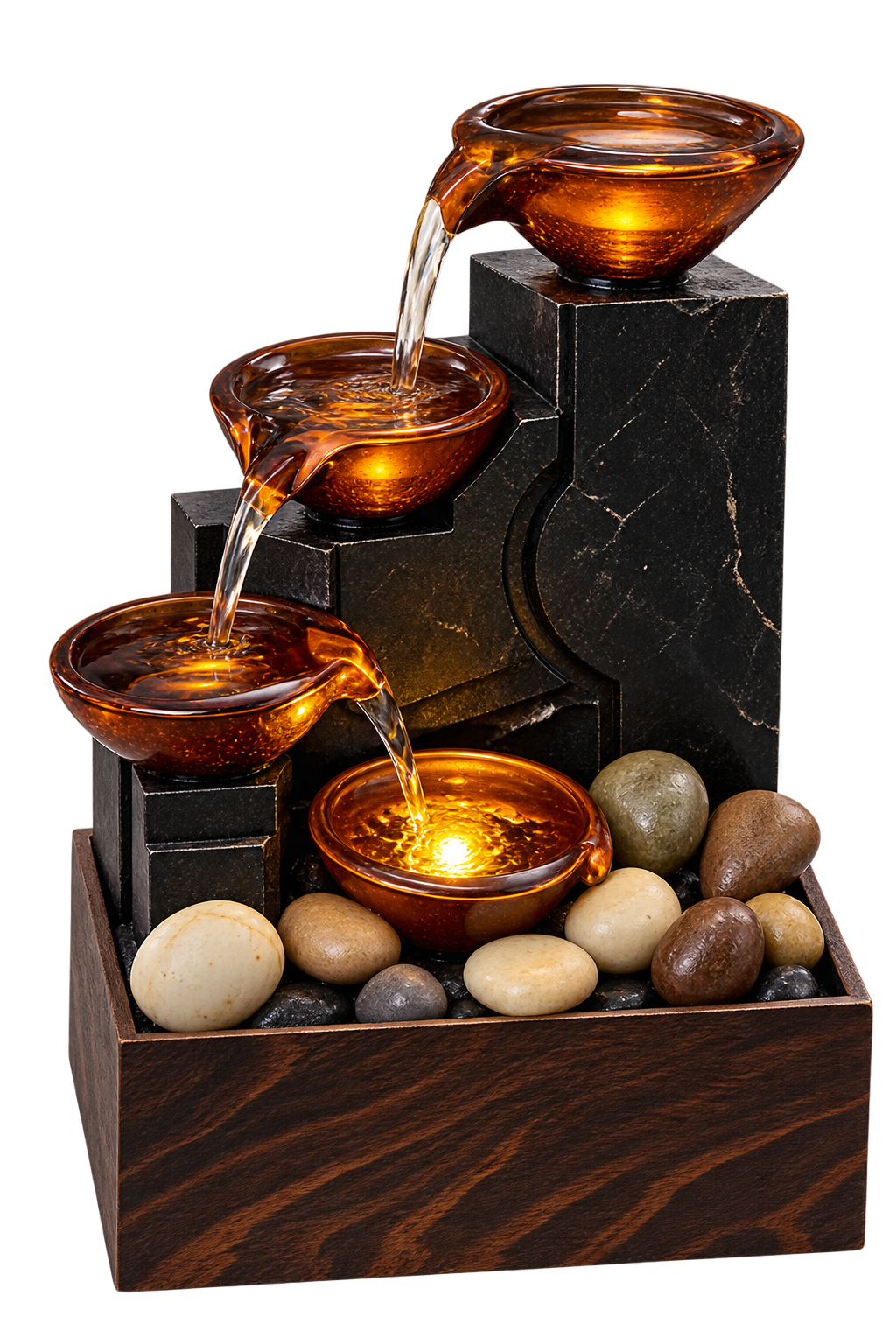 Luxury 4-Tier Cascading Tabletop Water Fountain – Amber Bowl & Stone Design