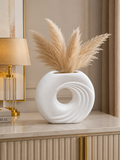 Modern White Round Abstract Vase – Textured Decorative Flower Vase