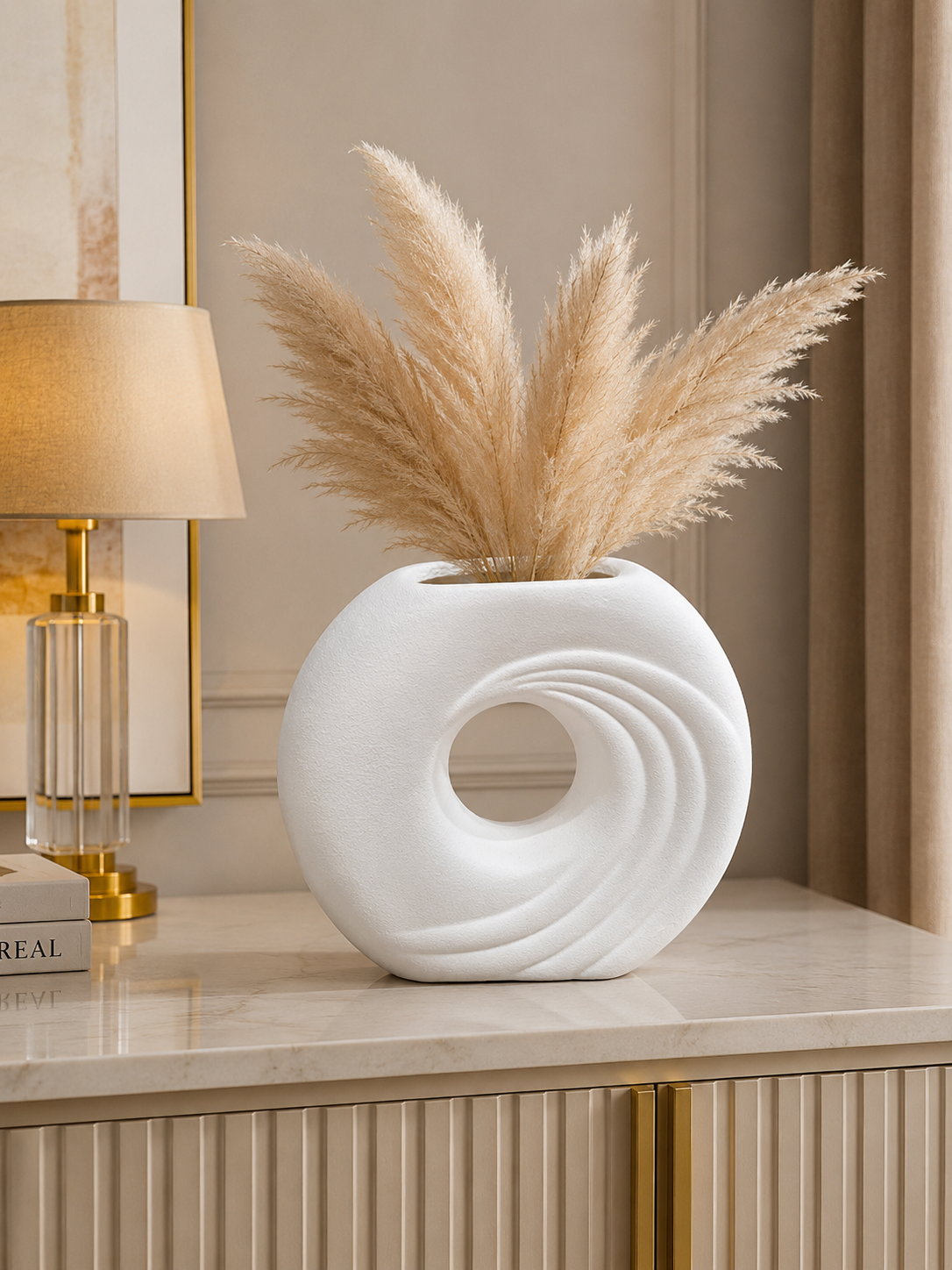 Modern White Round Abstract Vase – Textured Decorative Flower Vase